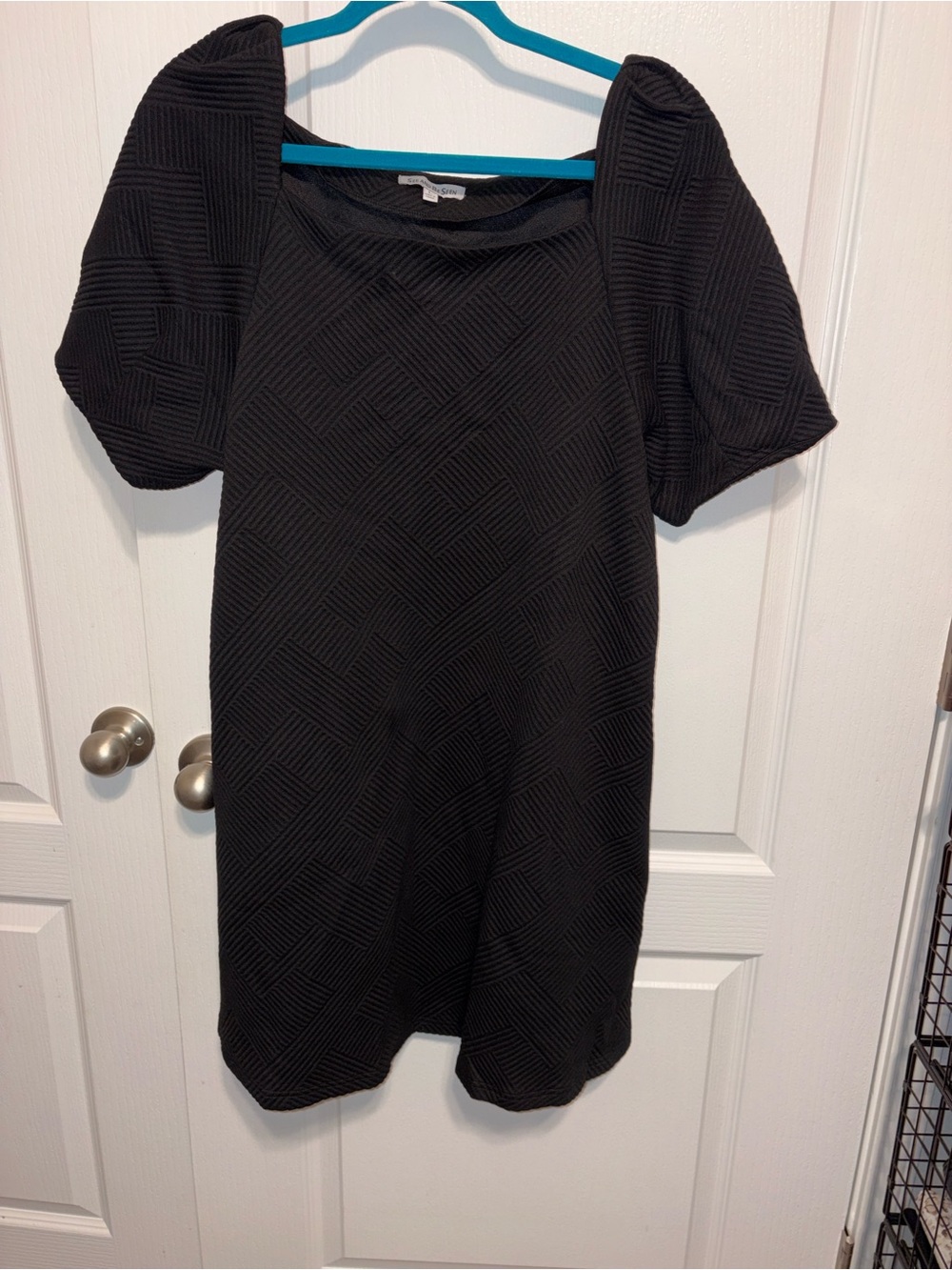 Black Puff-Sleeve Midi Dress with Subtle Textured Pattern